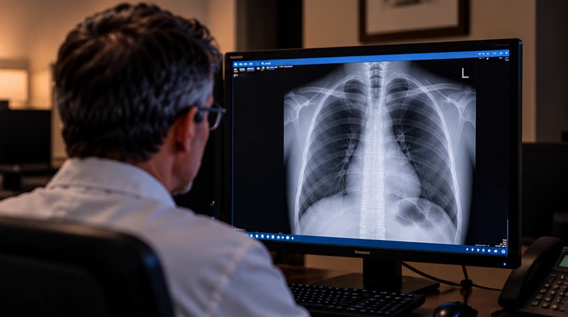 Illustration of a radiologist reviewing diagnostic images at a PACS workstation